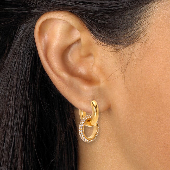 Round Crystal Yellow Gold Ion-Plated Stainless Steel Earrings, 3-Pair Set, WHITE, alternate image number 3