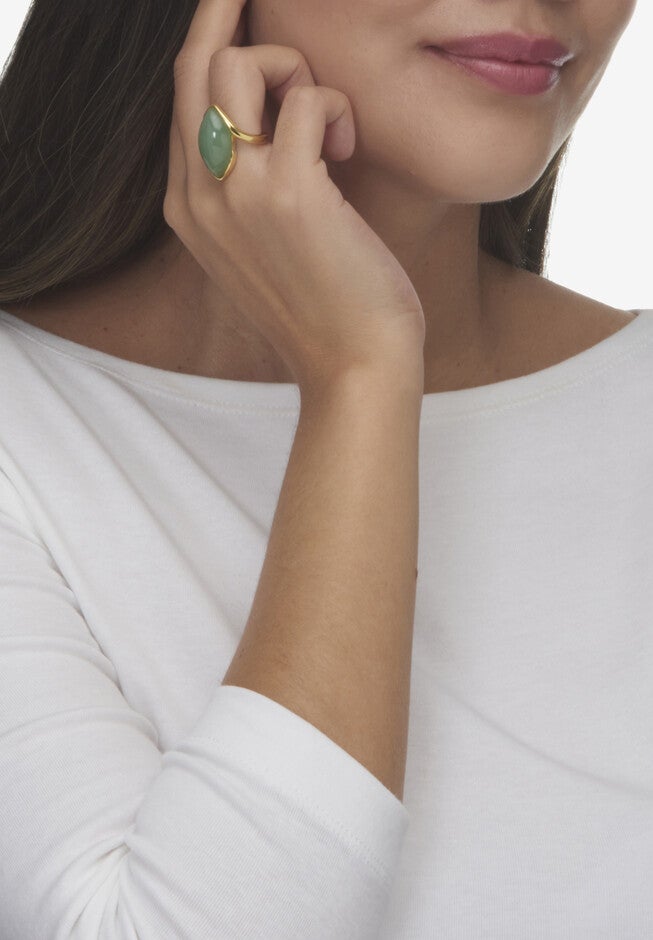 Marquise-Cut Genuine Green Jade Gold-Plated Sterling Silver Cabochon Bypass Ring, , alternate image number null
