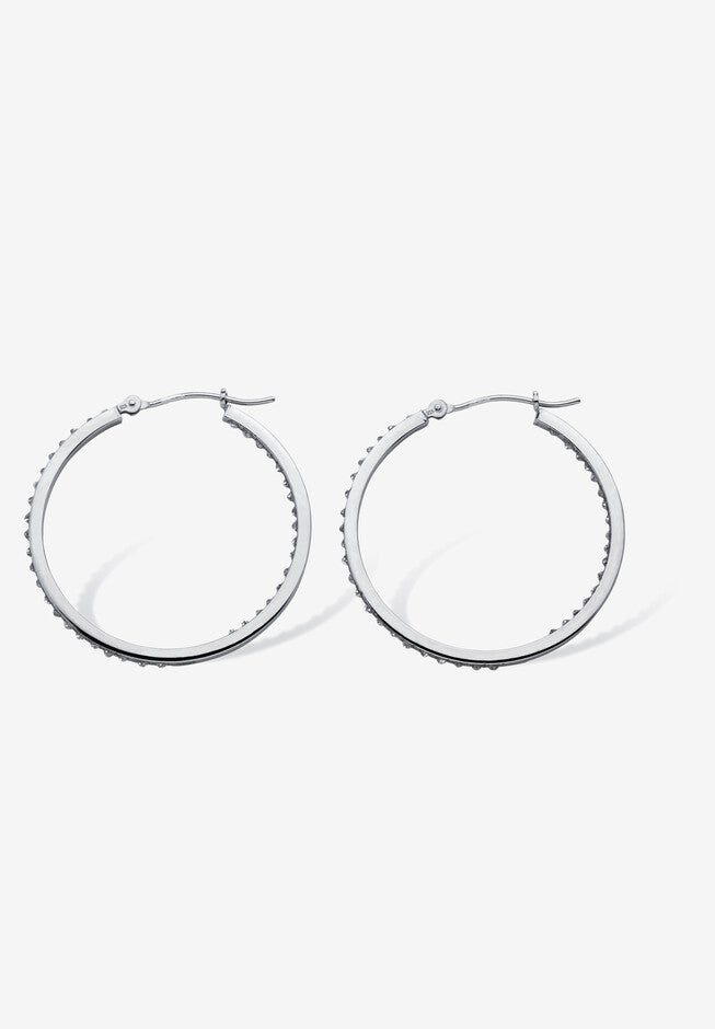 Platinum & Sterling Silver Hoop Earrings with Diamond Accent, , on-hover image number 1