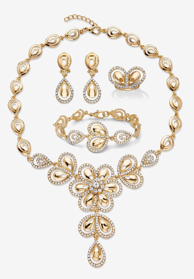 Goldtone Crystal Teardrop Halo Jewelry Set, GOLD, hi-res image number null