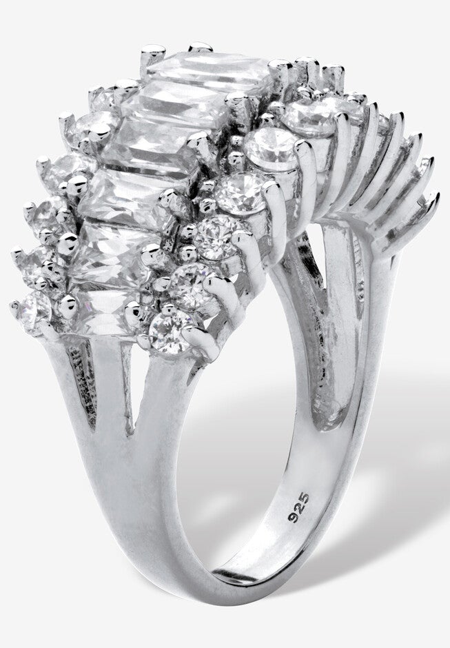 4.38 Cttw. Emerald-Cut Cubic Zirconia Platinum-Plated Silver Engagement Ring, , on-hover image number 1