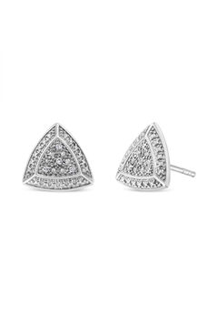 Silver Diamond-Accented Trillion Shaped 4-Stone Halo-Style Stud Earrings