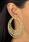 Goldtone Round Crystal Leaf Hoop Earrings, , alternate image number null