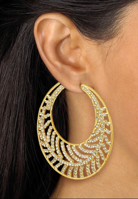 Goldtone Round Crystal Leaf Hoop Earrings, , alternate image number null