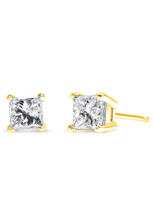 Yellow Gold Princesscut Diamond Petite Classic Square Stud Earrings, YELLOW GOLD, hi-res image number 0