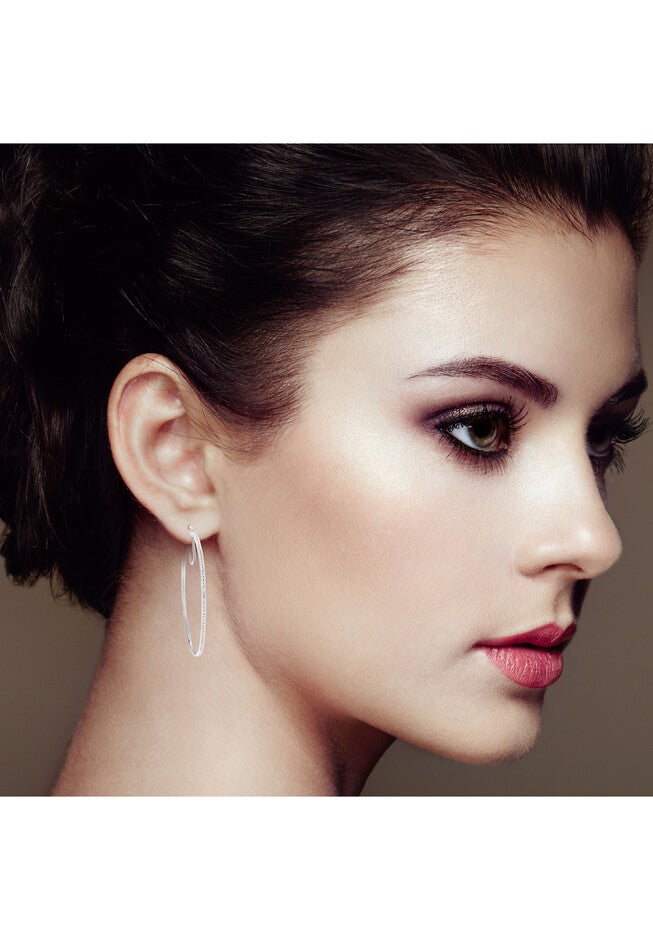 Sterling Silver Diamond Accent Medium D Hoops Earrings, , alternate image number 3