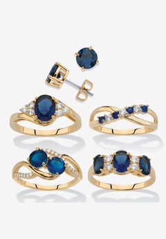 9.42 Cttw Gold-Plated Simulated Blue Sapphire And Cz Earrings And Ring Set
