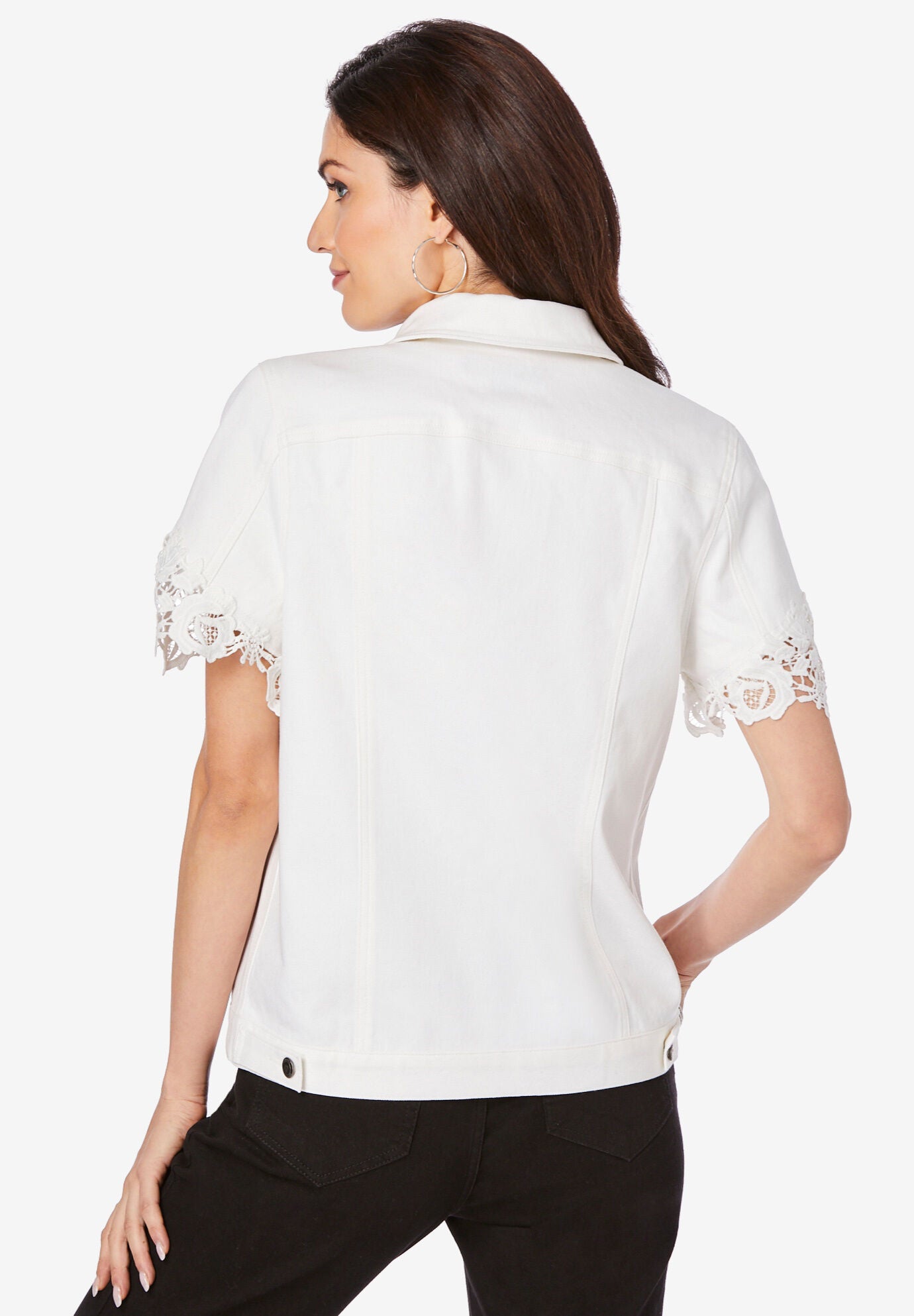 Short-Sleeve Lace Denim Jacket, , on-hover image number 1