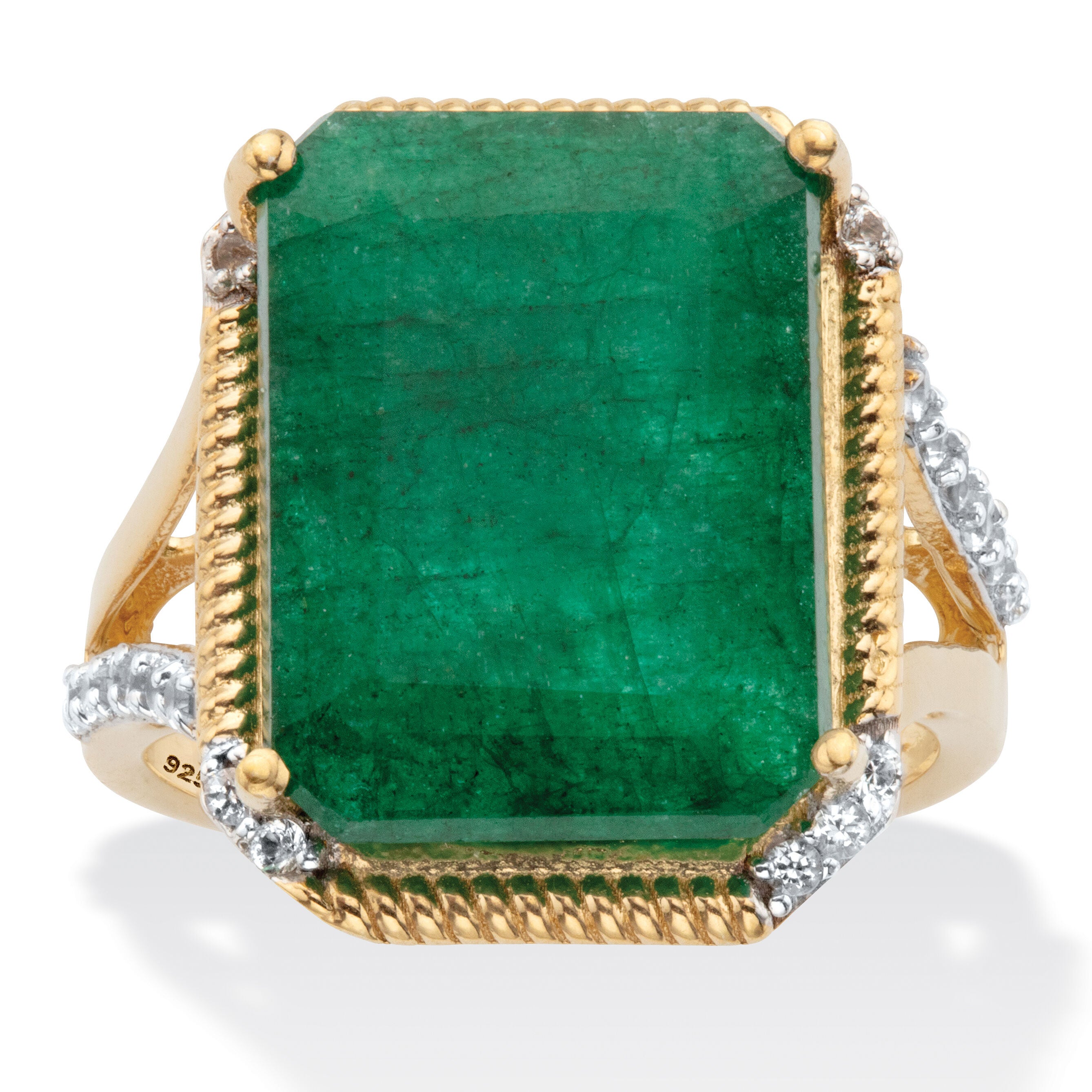 9.05 Cttw. Green Emerald and White Topaz Two-Tone Gold-Plated Silver Ring, GREEN, hi-res image number 0