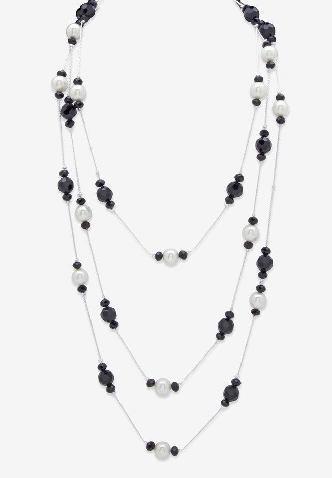 Simulated Black Onyx And Pearl Silvertone Beaded Multi-Strand Necklace 70 inches, BLACK, hi-res image number null