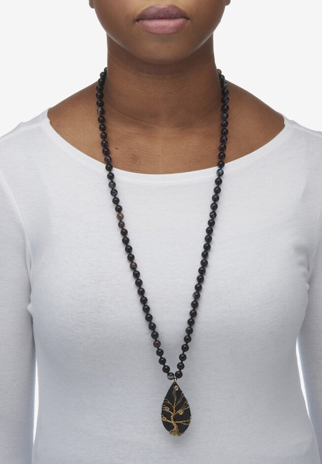 Natural Black Onyx And Genuine Agate Goldtone Necklace And Bracelet Set, 34 Inch, , alternate image number 6