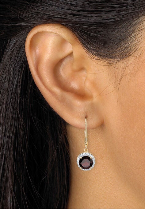 Gold Over Silver Halo Drop Earrings, Red Garnet And Diamond Accent Jewelry, , alternate image number null