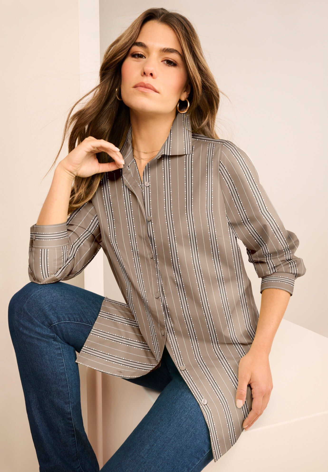 Plus Size Kate Long Sleeve Easy Cotton-Blend Button-Front Shirt, BROWN DELICATE STRIPE, hi-res image number 0