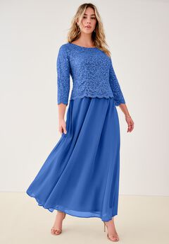 Plus Size Sequin Lace Three Quarter Sleeve A-Line Gown