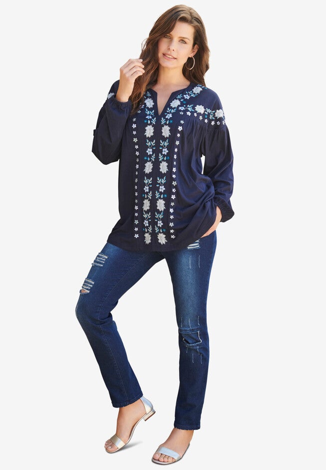 Embroidered Boho Top, NAVY FLOWER, hi-res image number null