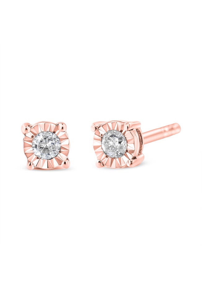 Rose Gold Plated Sterling Silver Round Brilliantcut Diamond Miracleset Stud Earrings, , on-hover image number 1