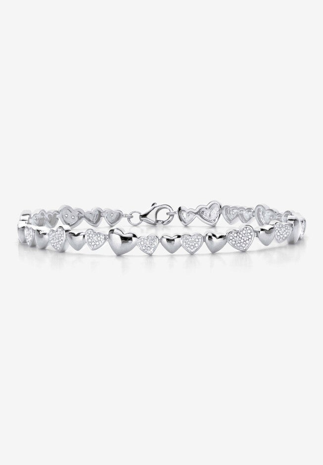 1/10 Cttw. Diamond Platinum Over Sterling Silver Heart-Link Bracelet 8 inches, DIAMOND, hi-res image number 0