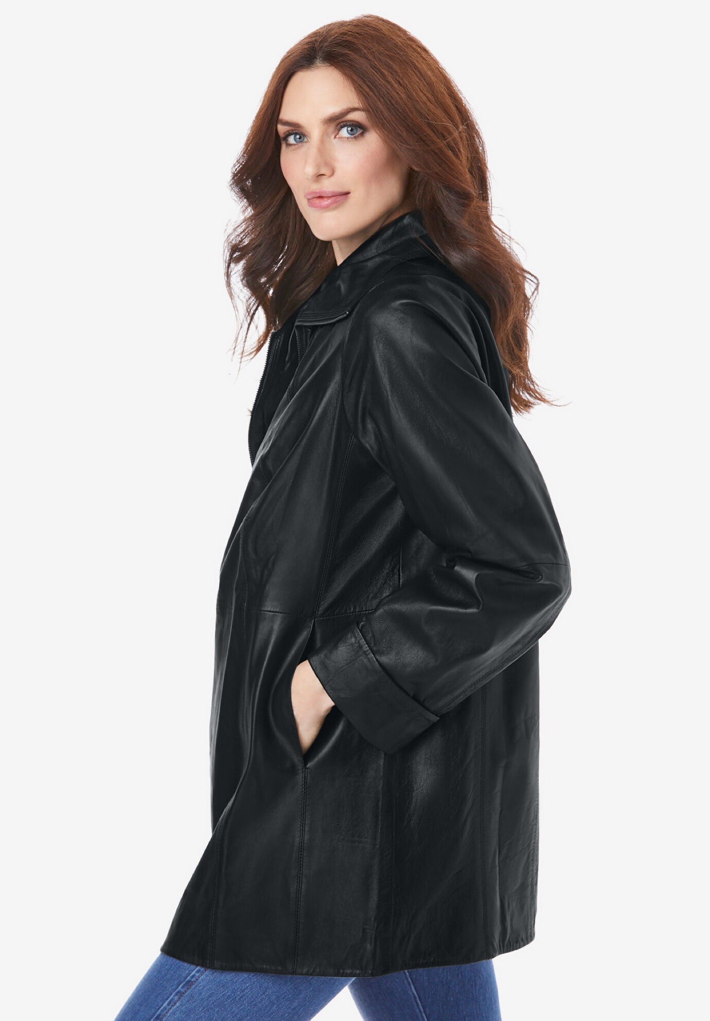 Woman within leather coats sales