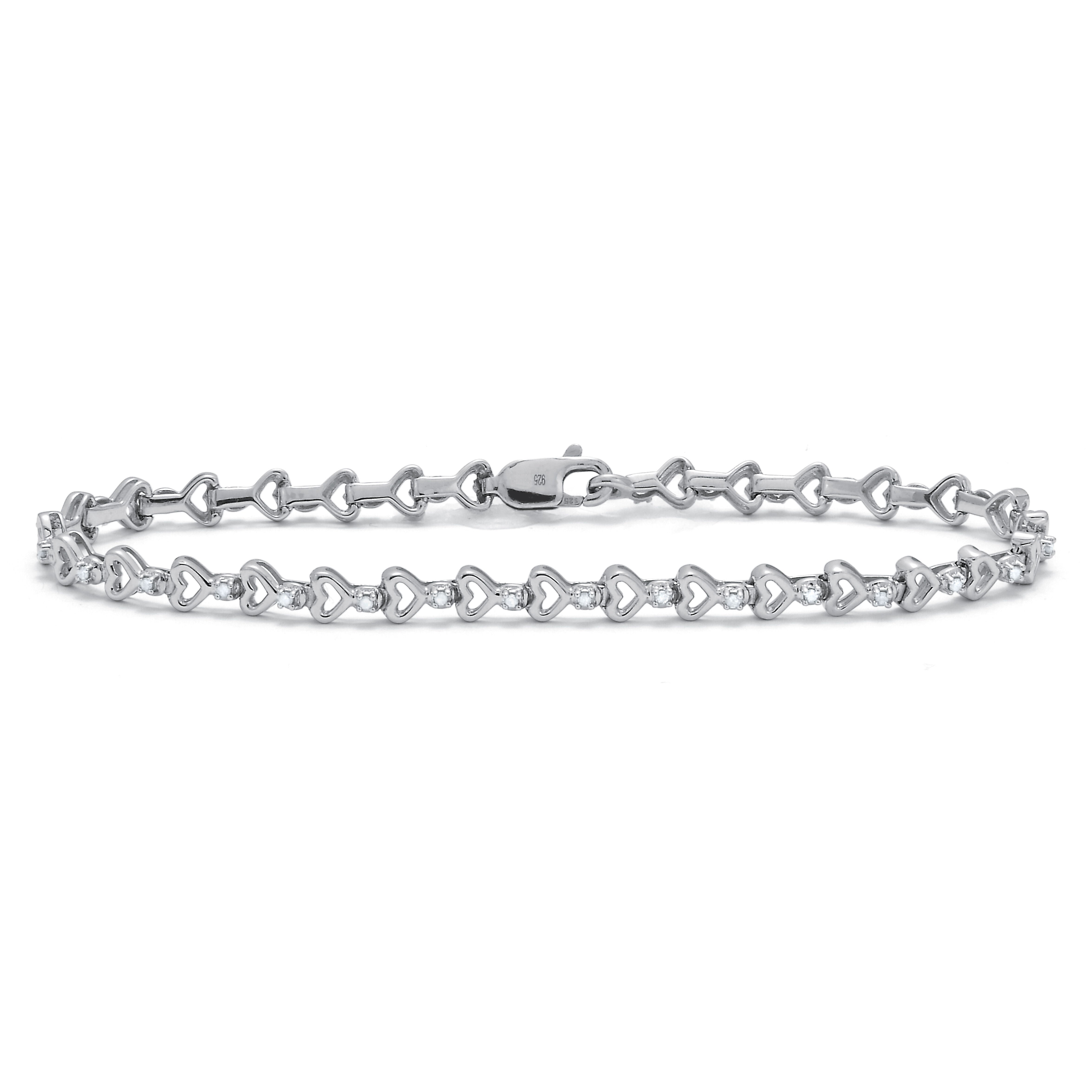 .15 TCW Diamond Sterling Silver Heart Link Bracelet 7 Inches, WHITE, hi-res image number 0