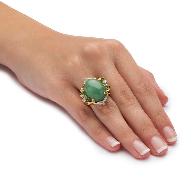 .28 TCW Emerald, CZ and Jade Ring in Gold-Plated .925 Sterling Silver, GREEN, alternate image number 2