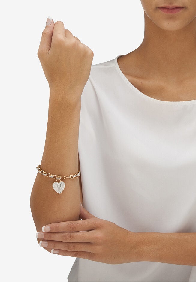 Diamond Accent 18K Gold-Plated Heart Charm Rolo-Link Bracelet 7.75 inches, , alternate image number 2