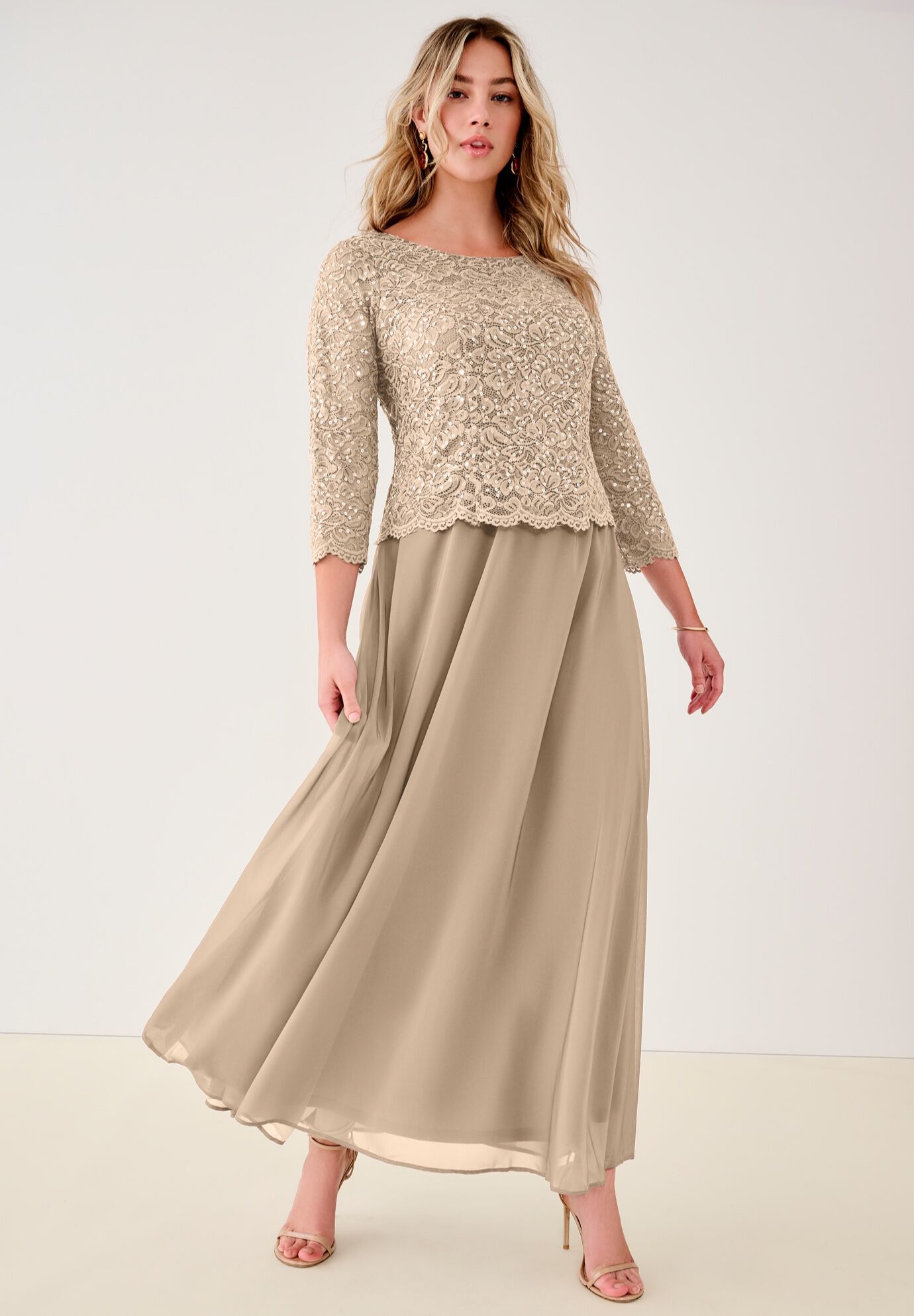 Plus Size Sparkle Lace Popover A-Line Gown with 3/4 Sleeves
