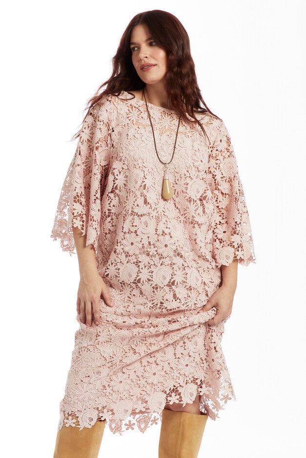 Bell-Sleeve Floral Lace Midi Dress, Sepia Rose | Woman Within Bell-Sleeve Floral Lace Midi Dress, Sepia Rose | Woman Within