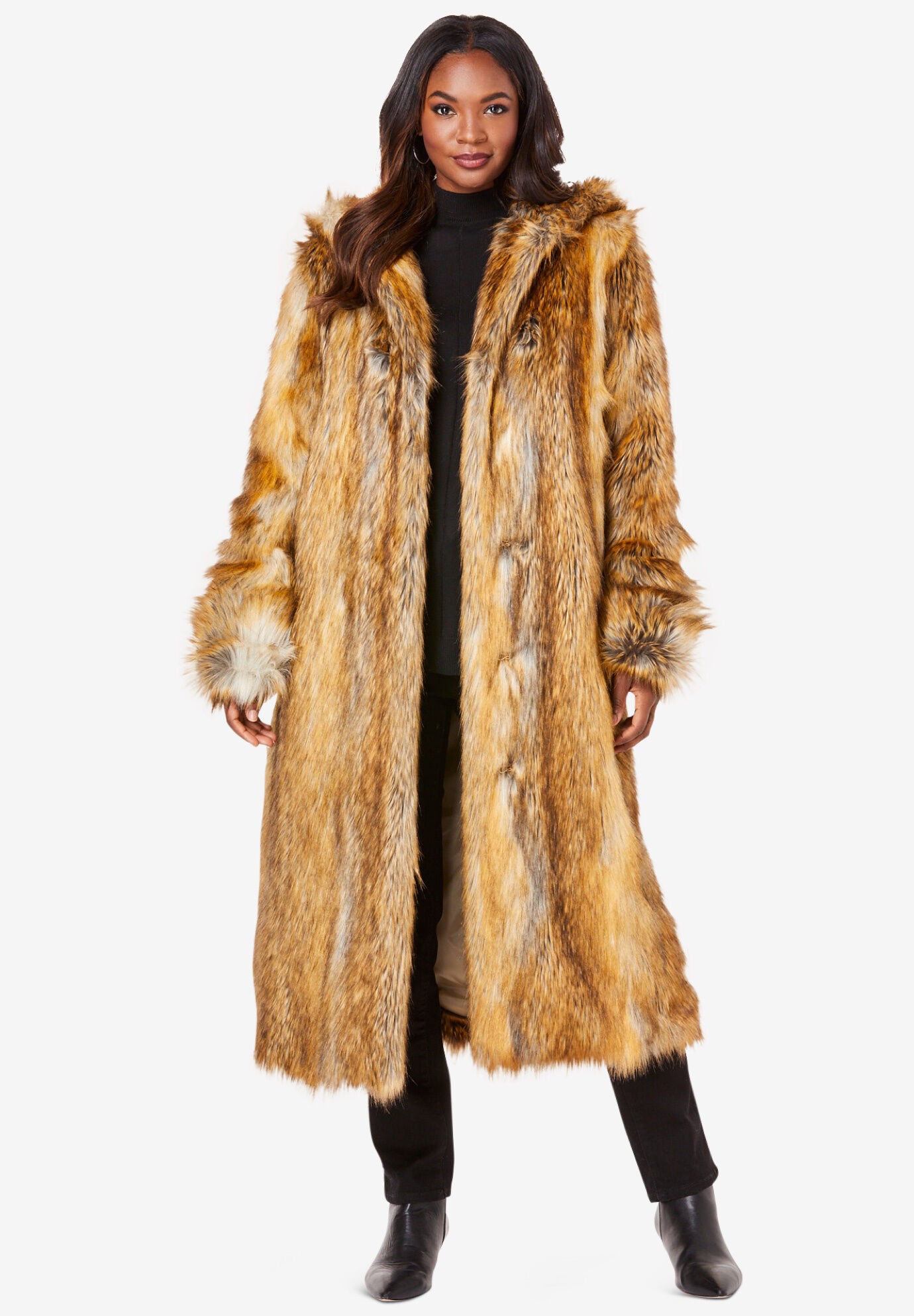 Full Length Faux-Fur Coat with Hood 
