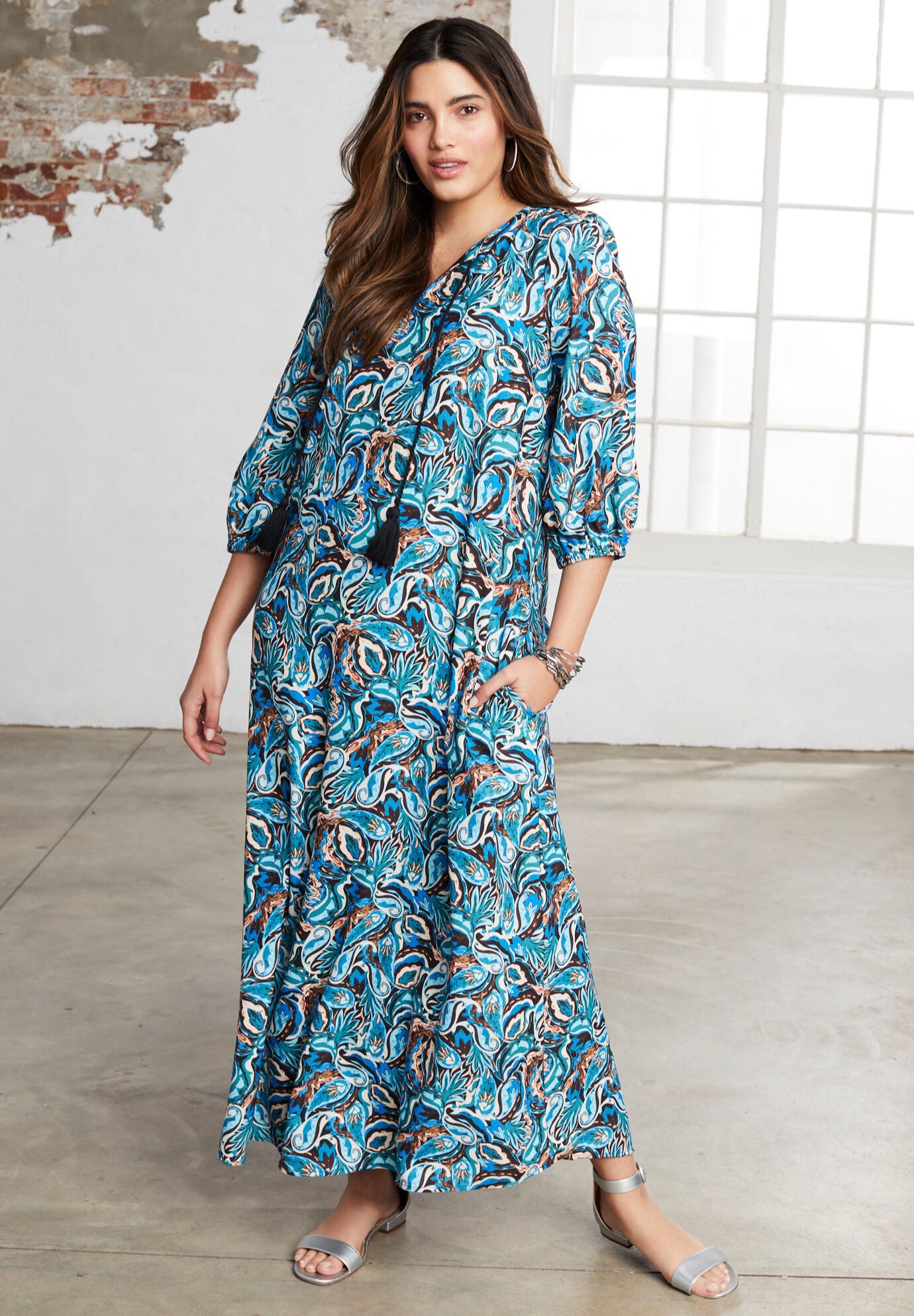 Elegant Boho Maxi Dress with Tassels Blue Painterly Leaves Woman Within