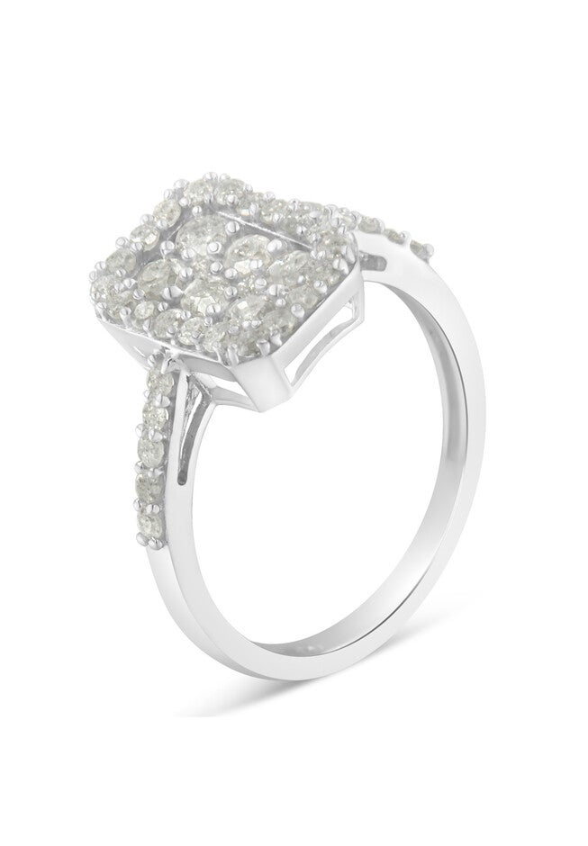 Sterling Silver Diamond Emeraldshaped Cluster With Halo Cathedral Style Cocktail Ring, , alternate image number 3
