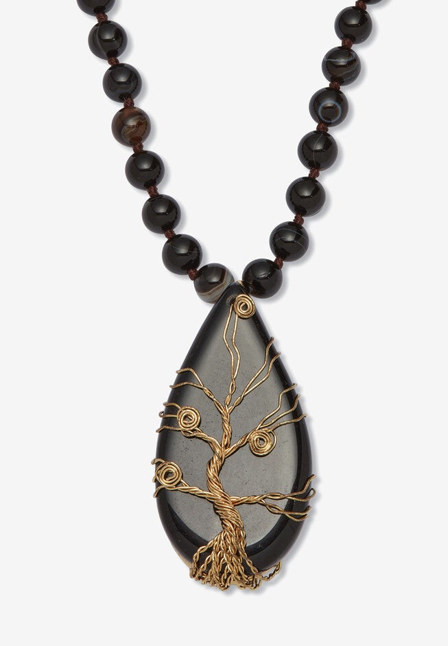 Natural Black Onyx And Genuine Agate Goldtone Necklace And Bracelet Set, 34 Inch, , alternate image number 2