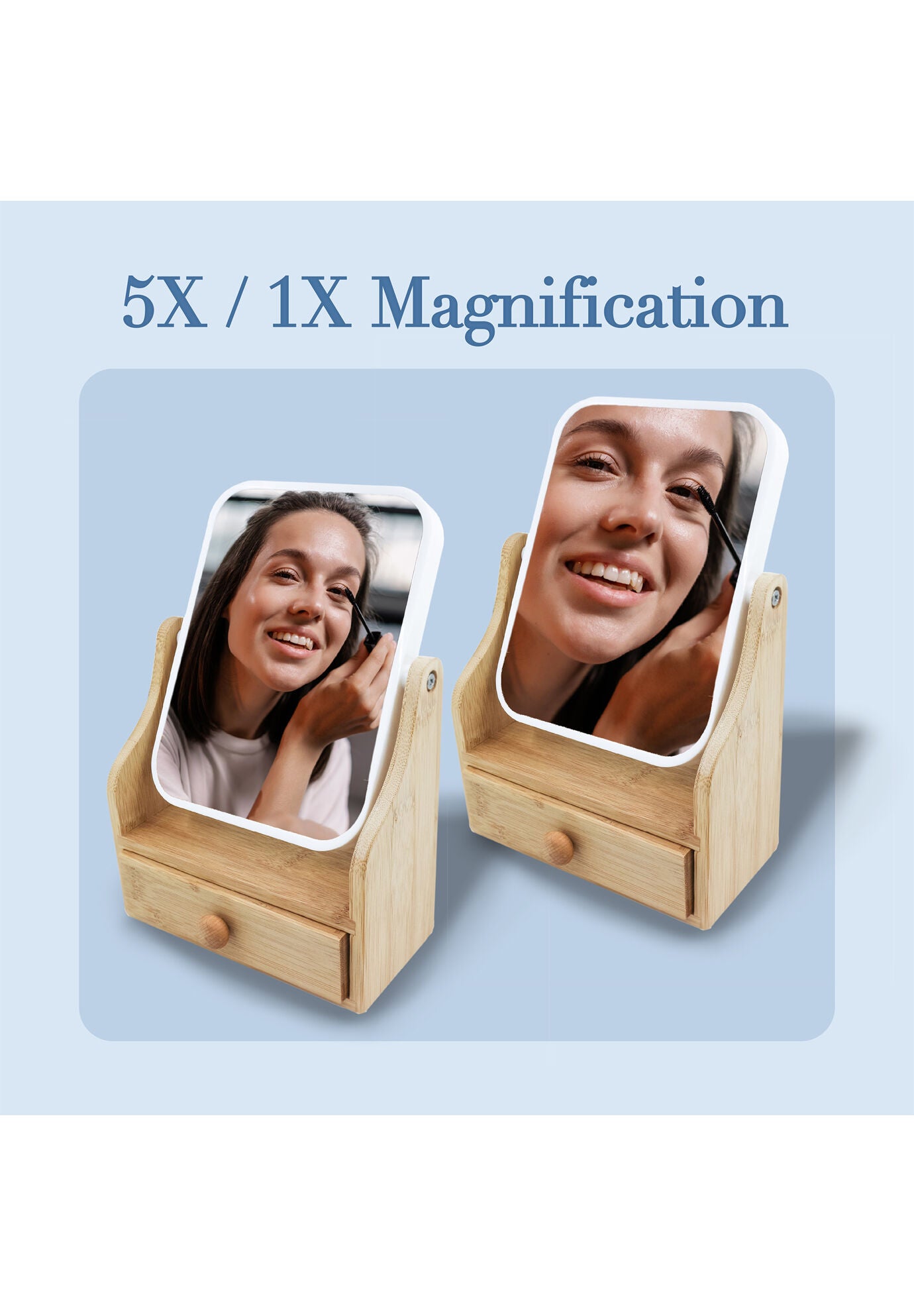 Dual Sided Mirror With Organizer Tray, Bamboo Base Drawer &bull; 360&deg; Rotation &bull; 5X/ 1X Magnification, , alternate image number 2