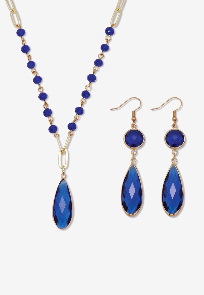 Blue Crystal Goldtone Vintage-Inspired Jewelry Set, BLUE, hi-res image number null