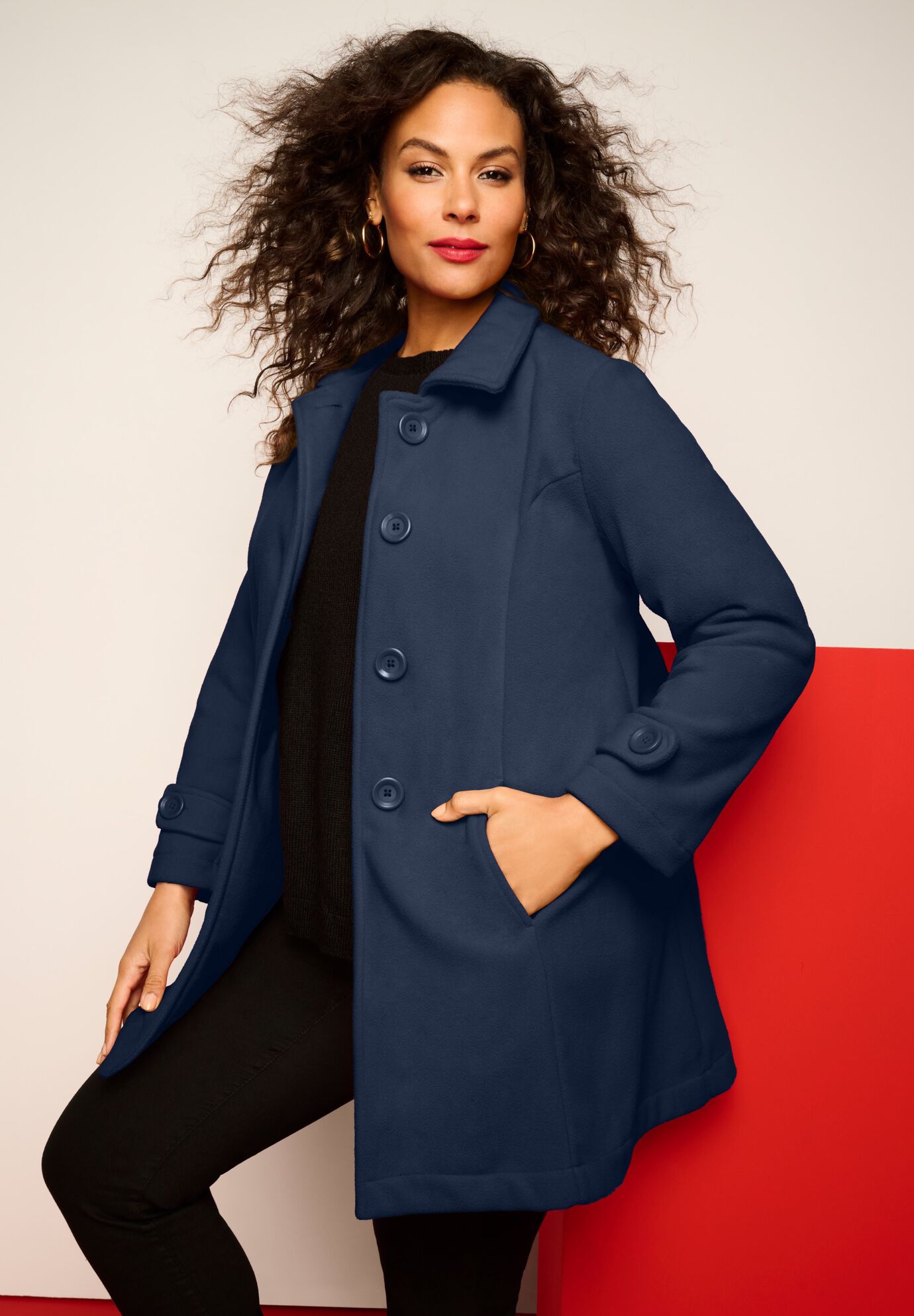Plus Size Button Up Fleece Jacket, NAVY, on-hover image number 1