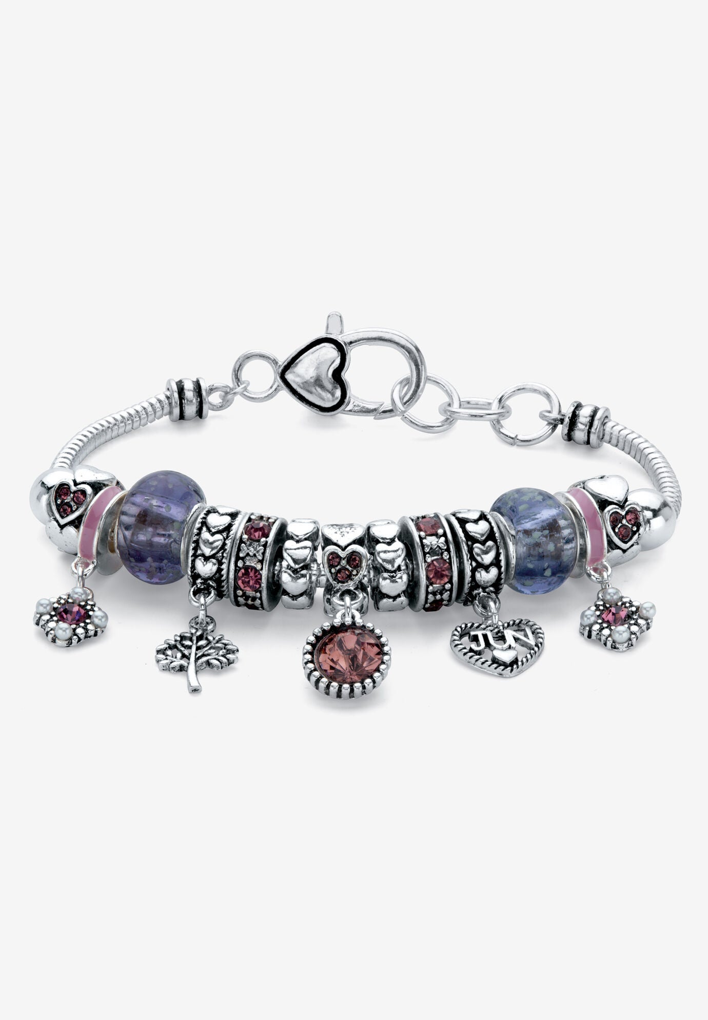 Antiqued Silvertone Simulated Birthstone 8 inches Charm Bracelet, JUNE, hi-res image number 0