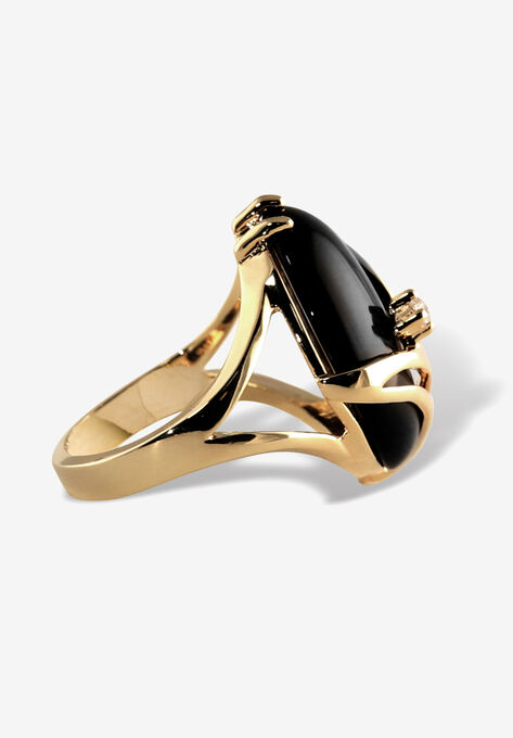 Yellow Gold Plated Natural Black Onyx and Round Crystal Ring, , on-hover image number null