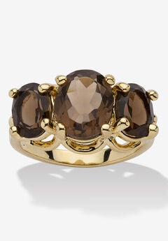 4.90 Tcw Oval-Cut Genuine Smoky Quartz Yellow Gold-Plated 3-Stone Ring