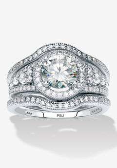 2.18 Tcw Round Cut Cubic Zirconia Platinum-Plated Sterling Silver Bridal Set