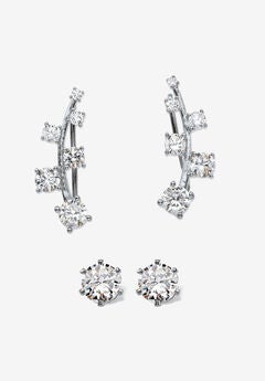 2.22 Cttw. Cubic Zirconia .925 Silver Ear Climber And Stud 2-Pair Earring Set