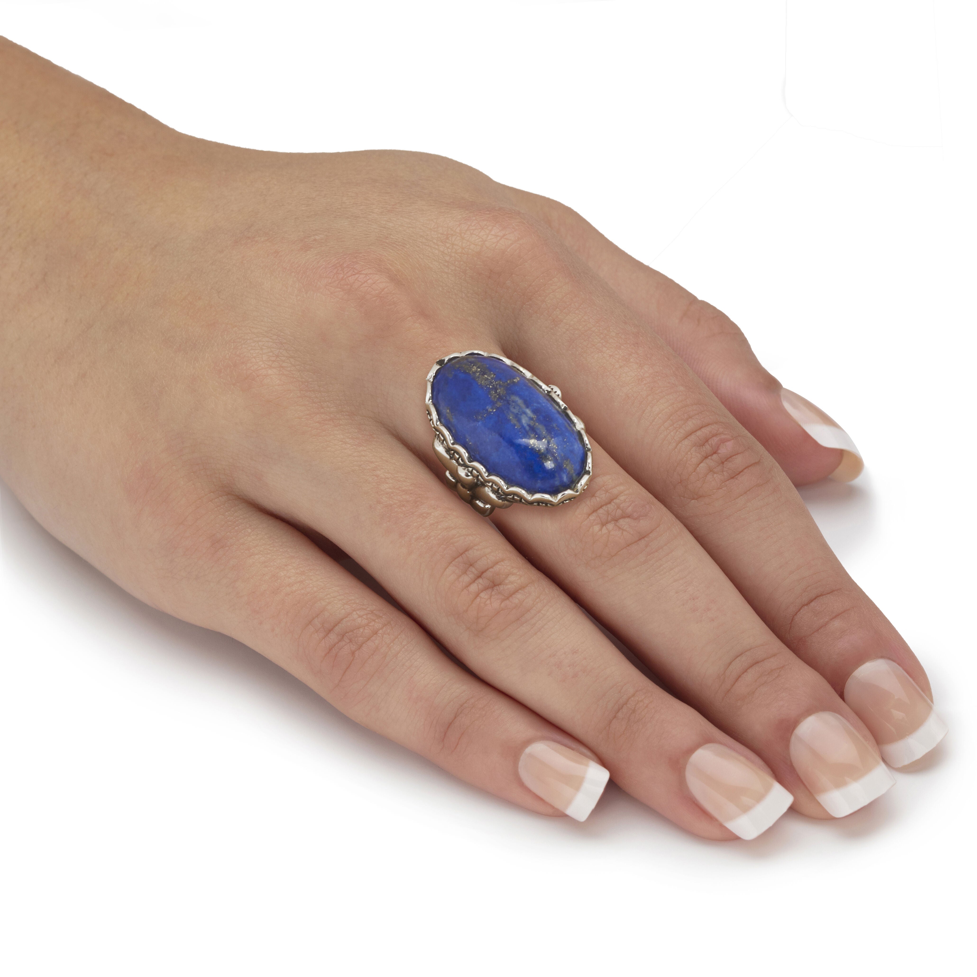 Oval Shaped Genuine Blue Lapis Sterling Silver Ring, BLUE, alternate image number 2