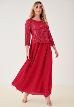 Plus Size Sequin Lace Three Quarter Sleeve A-Line Gown