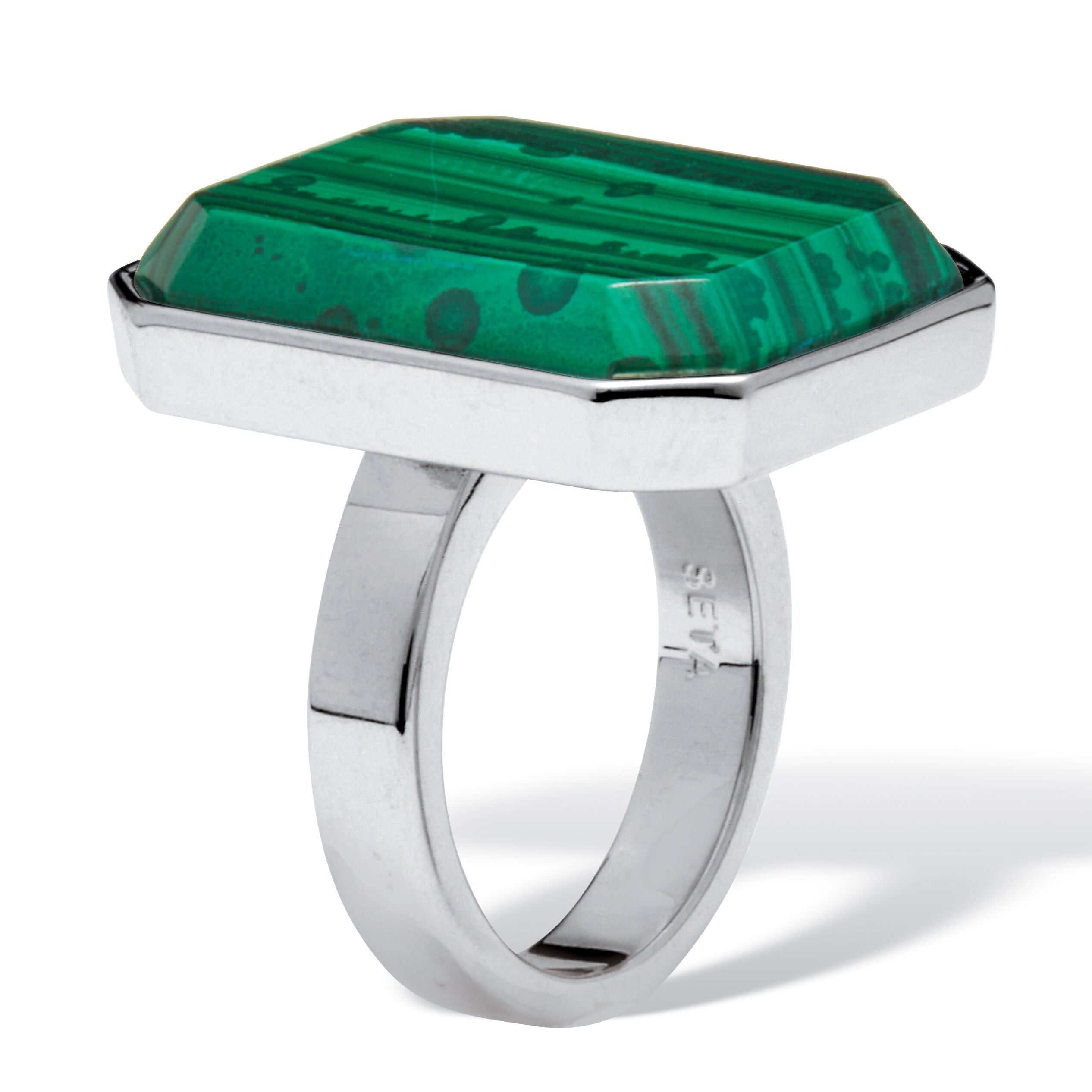 Malachite Emerald Shape Platinum-Plated Cocktail Ring 1-inch, GREEN, on-hover image number 1