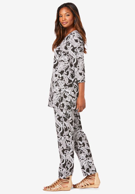 Printed Three-Quarter Sleeve Henley Set, , alternate image number null