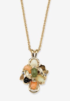 Yellow Gold-Plated Pendant. Oval Shaped Multi Genuine Gemstone 18" Jewelry