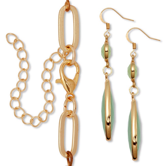 Opaque Green Crystal and Genuine Aventurine Goldtone Jewelry Set, GREEN, on-hover image number 1