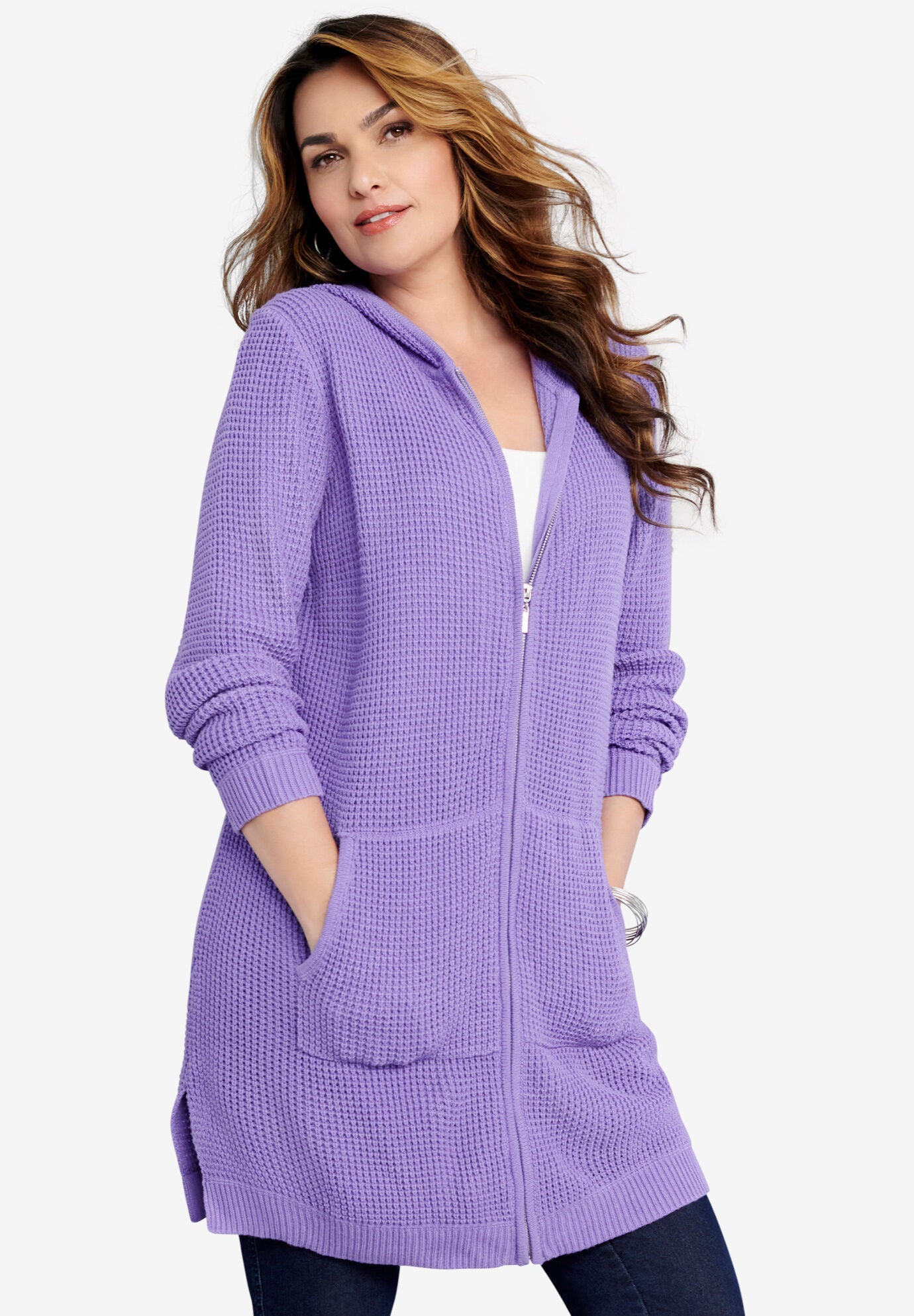 Waffle Mega Length Zip Hoodie, VINTAGE LAVENDER, hi-res image number 0