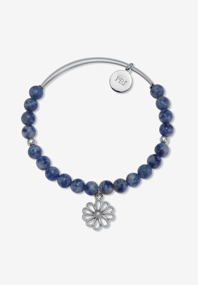 Genuine Blue Sodalite Silvertone Flower Charm Bangle, 7.5 Inches, , on-hover image number 1