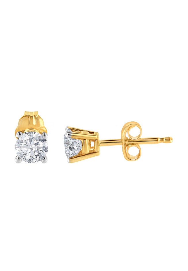 Round Brilliantcut Diamond Yellow Gold Classic 4Prong Solitaire Stud Earrings, , alternate image number 3