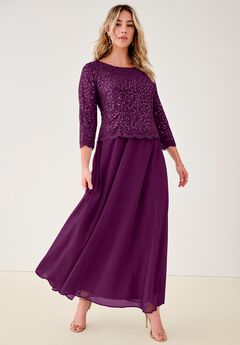 Plus Size Sequin Lace Three Quarter Sleeve A-Line Gown