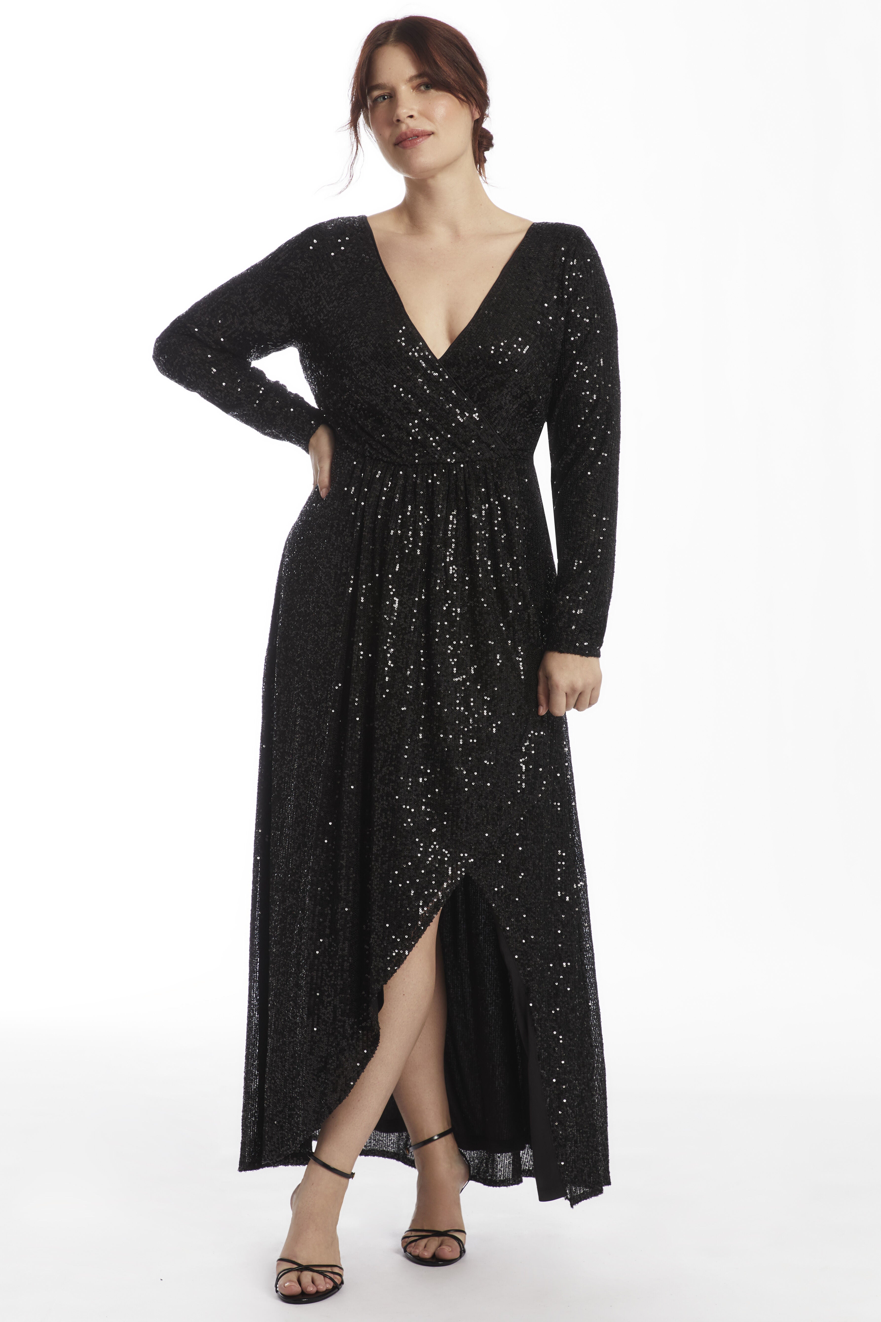 Sequin Faux Wrap Gown, BLACK ONYX, hi-res image number 0